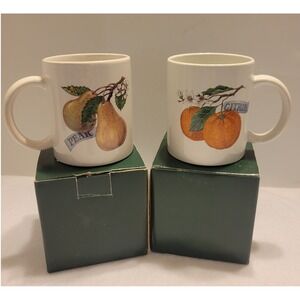 Vtg Venture Coffee Mugs Set 2 OS White Pear Citrus‎ Fruit Botanical Retro Style